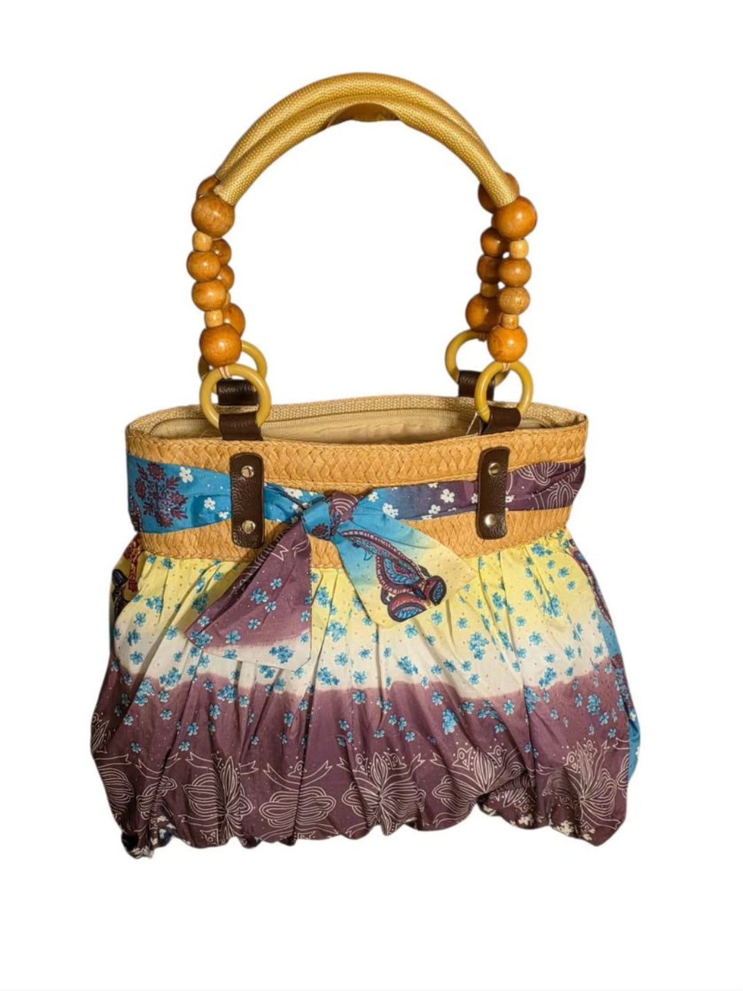 Bohemian Floral Canvas Tote Bag with Wooden Bead Handles & Bow Accent