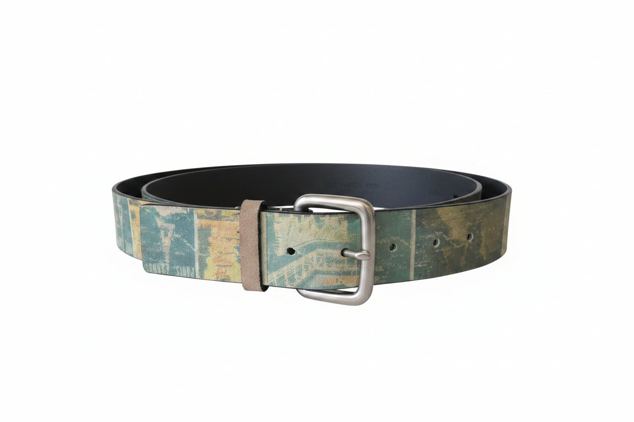 Chico's Vintage Travel Postcard Print Belt Medium Bonded Leather Size Medium