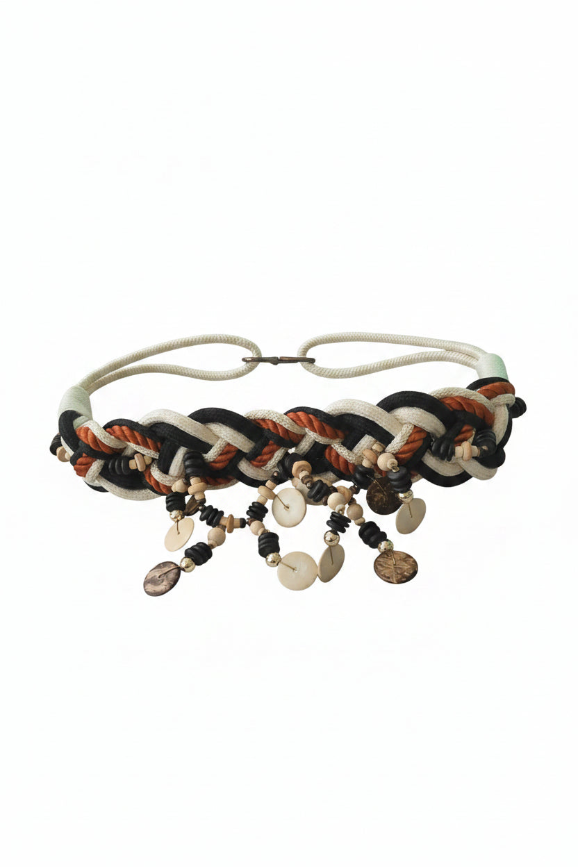 Vintage Boho Braided Rope Belt with Coconut Shell Charms