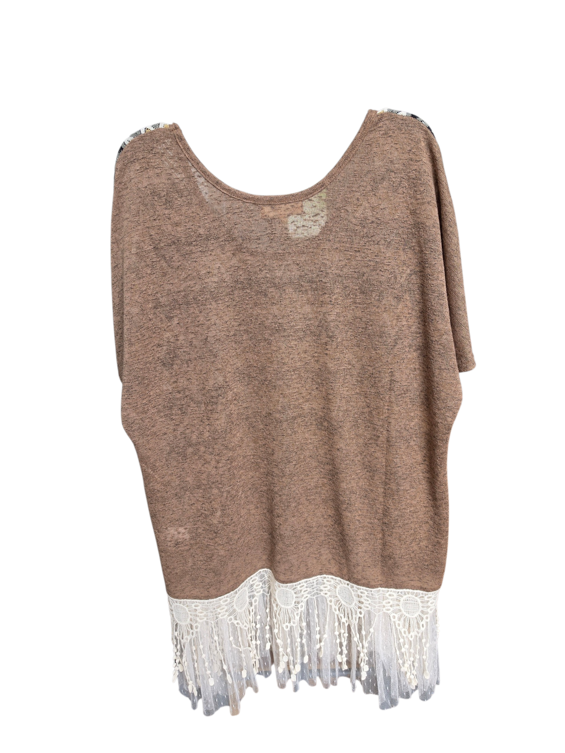 Ryu Chevron Knit Boho Top with Crochet Lace Fringe
