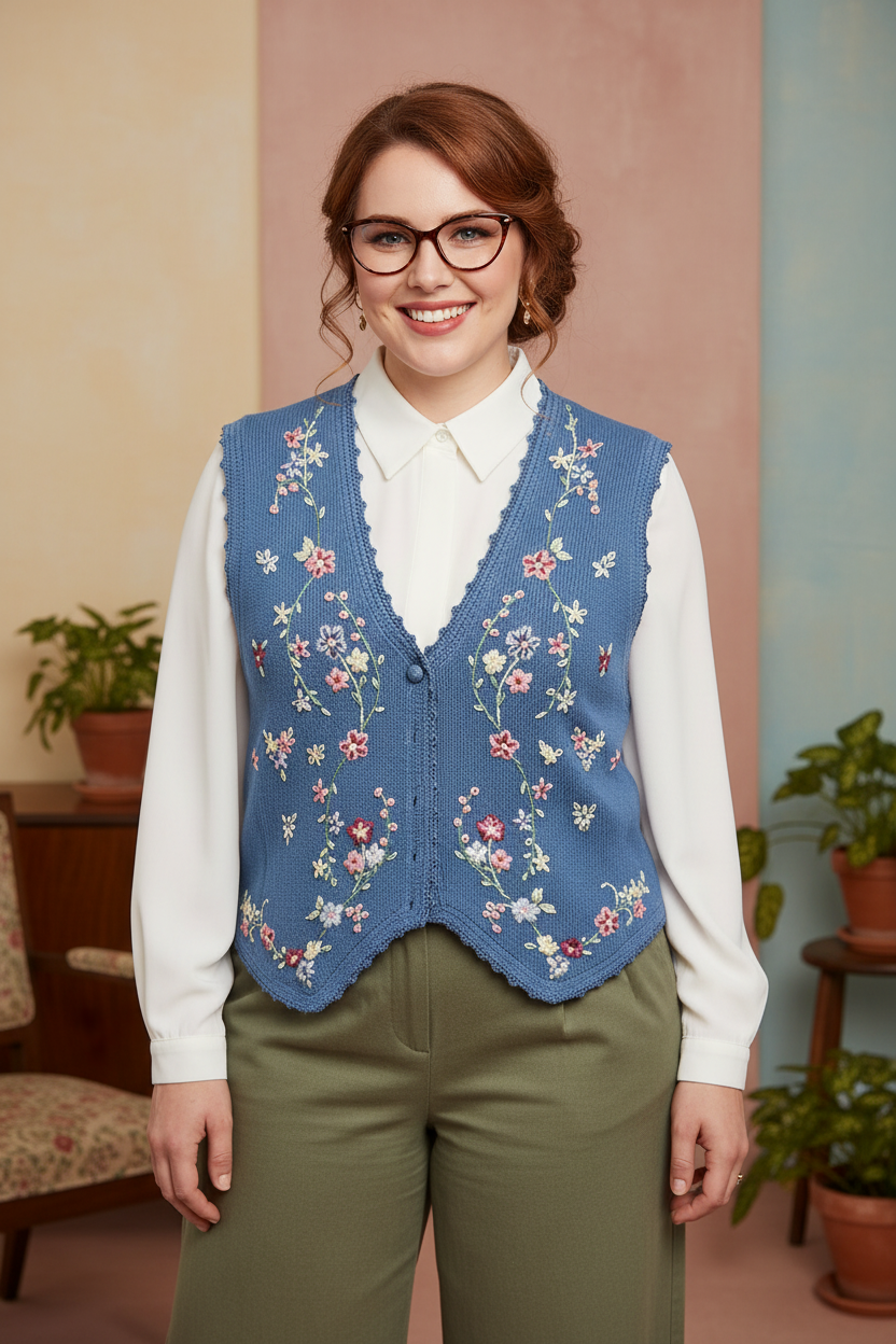 Vintage Carolyn Taylor Floral Embroidered Knit Vest Size Large