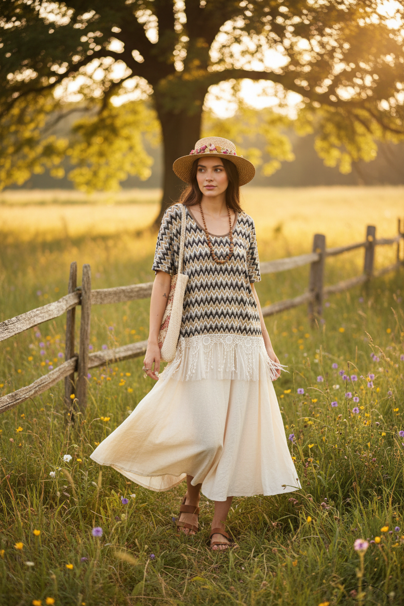 Ryu Chevron Knit Boho Top with Crochet Lace Fringe
