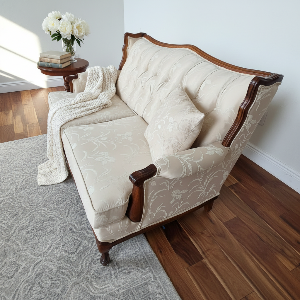 Vintage 1960s French Provincial Button-Tufted Damask Sofa & Loveseat Set